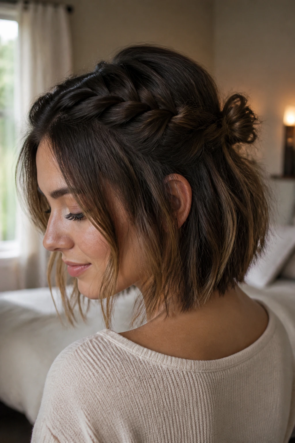 Close-up of a real woman with a half-up braided knot hairstyle in soft window light
