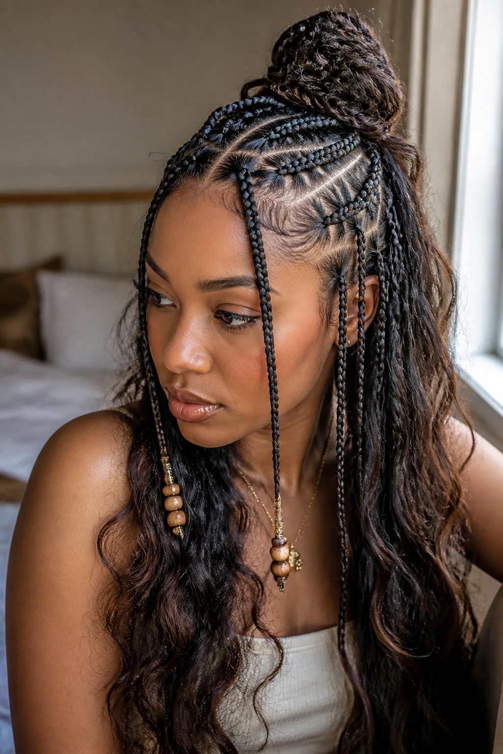 Close-up of a real woman with a half-up braided look