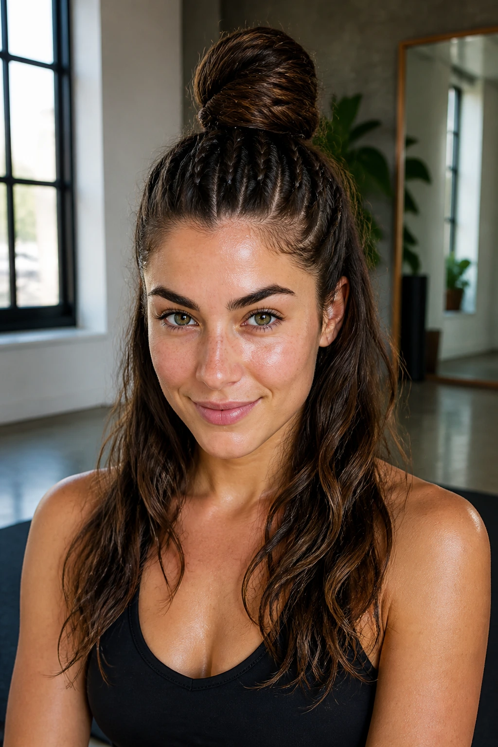 Close-up of a real woman with a half-up braided top-knot in a bright gym setting