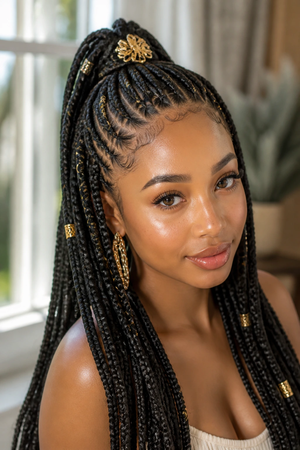 Close-up portrait of a real woman with half-up, half-down braided hairstyle and hair accessory