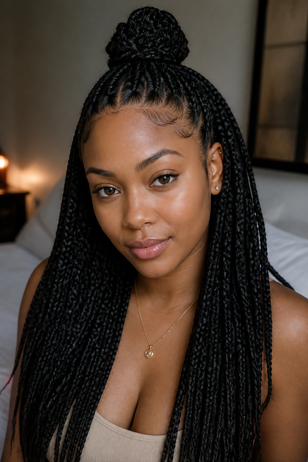 Real woman with half-up half-down braids in a cozy bedroom