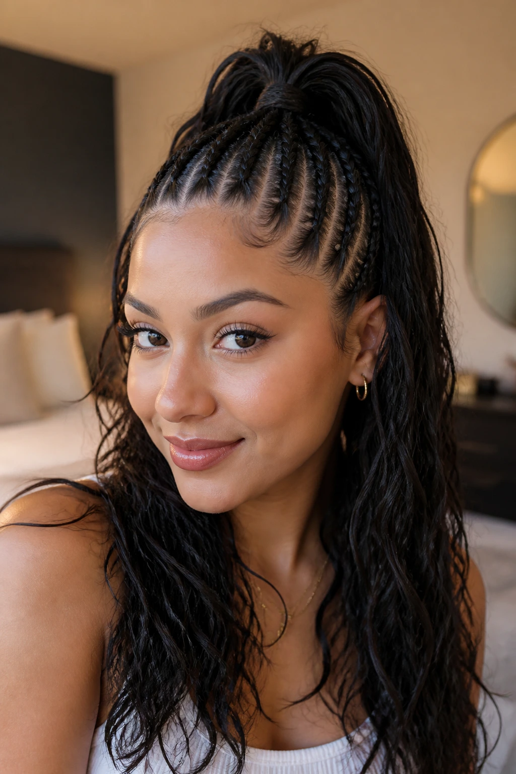 Close-up of a real woman with a half-up braided ponytail