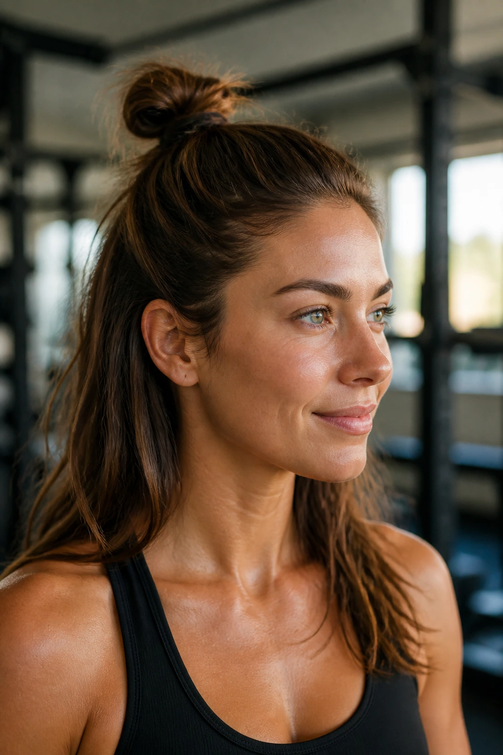 Close-up portrait of a real person with a half-up mini bun