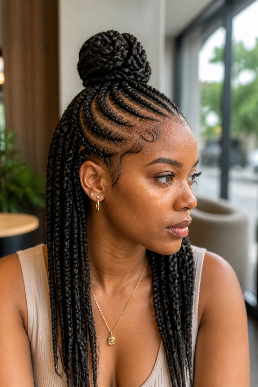 Real person with half-up bun cornrows in cafe setting