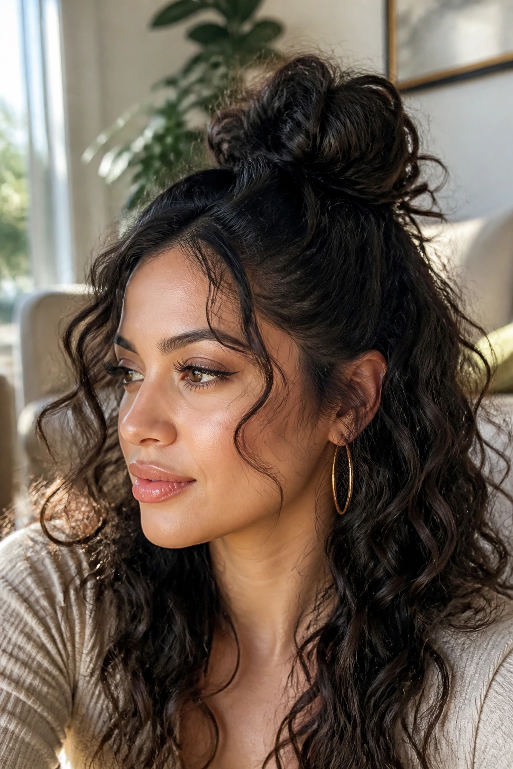 Close-up of a real woman with a messy half-up bun on curly hair, cozy indoor lighting