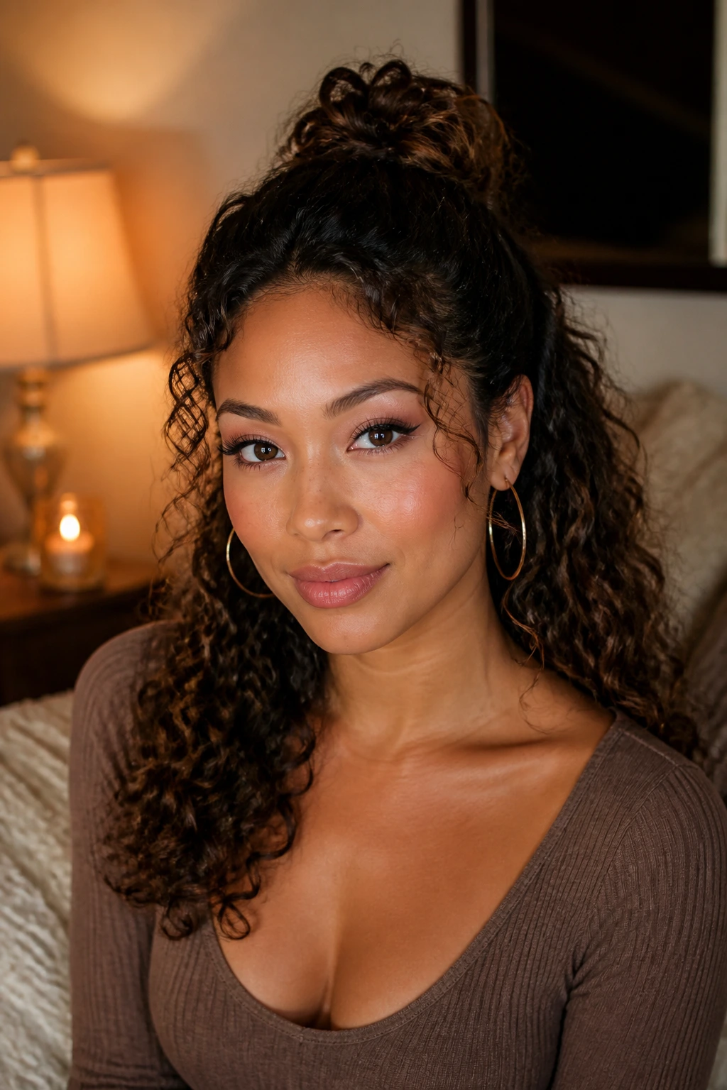 Close-up of a real woman with half-up mini-bun and flowing curls