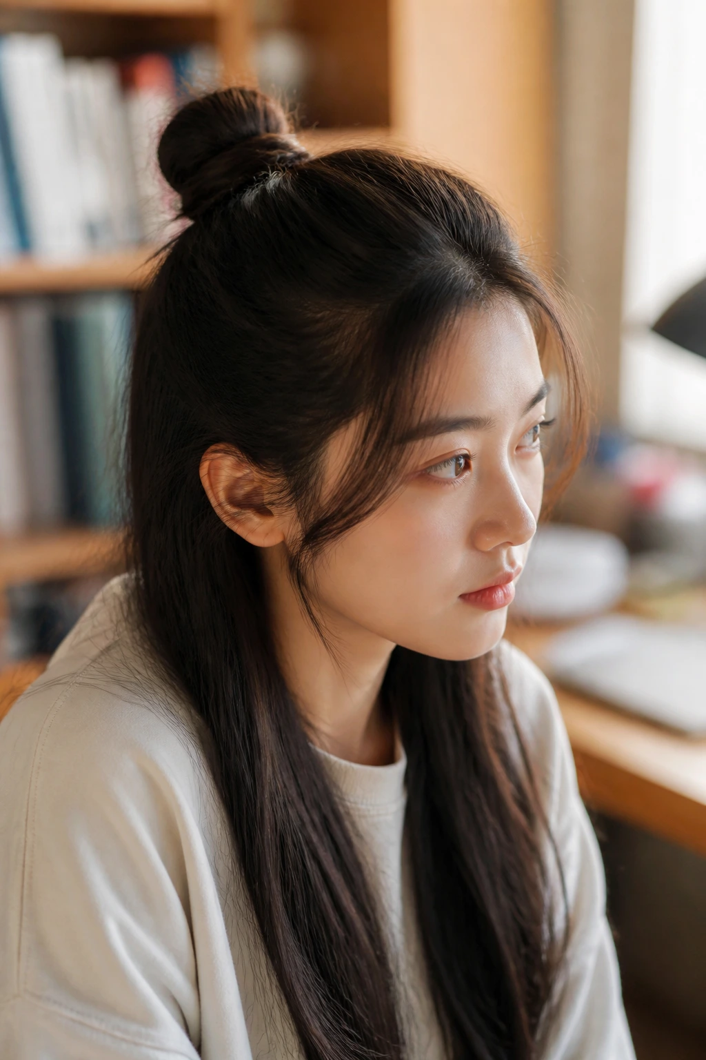 Close-up of a real woman's half-up mini bun at the crown with flowing hair.