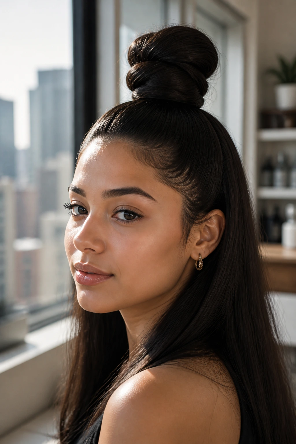 Close-up of a woman with a sculptural high bun on top of the head.