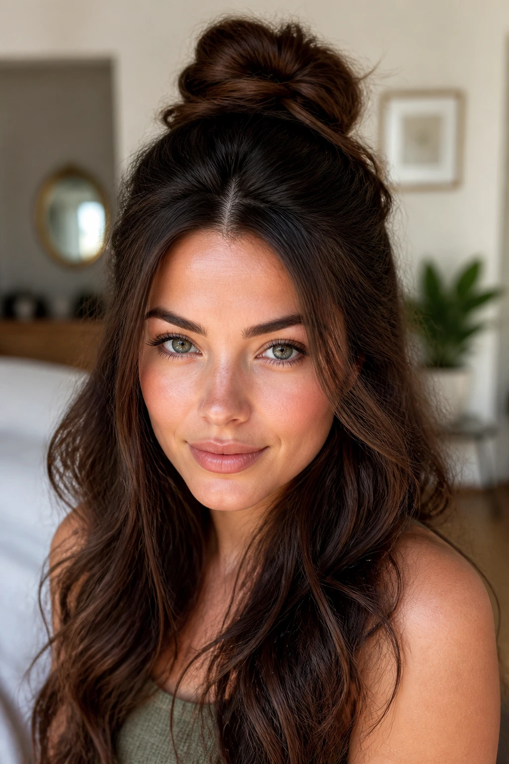 Close-up of a real woman with thick hair wearing a voluminous crown half-bun