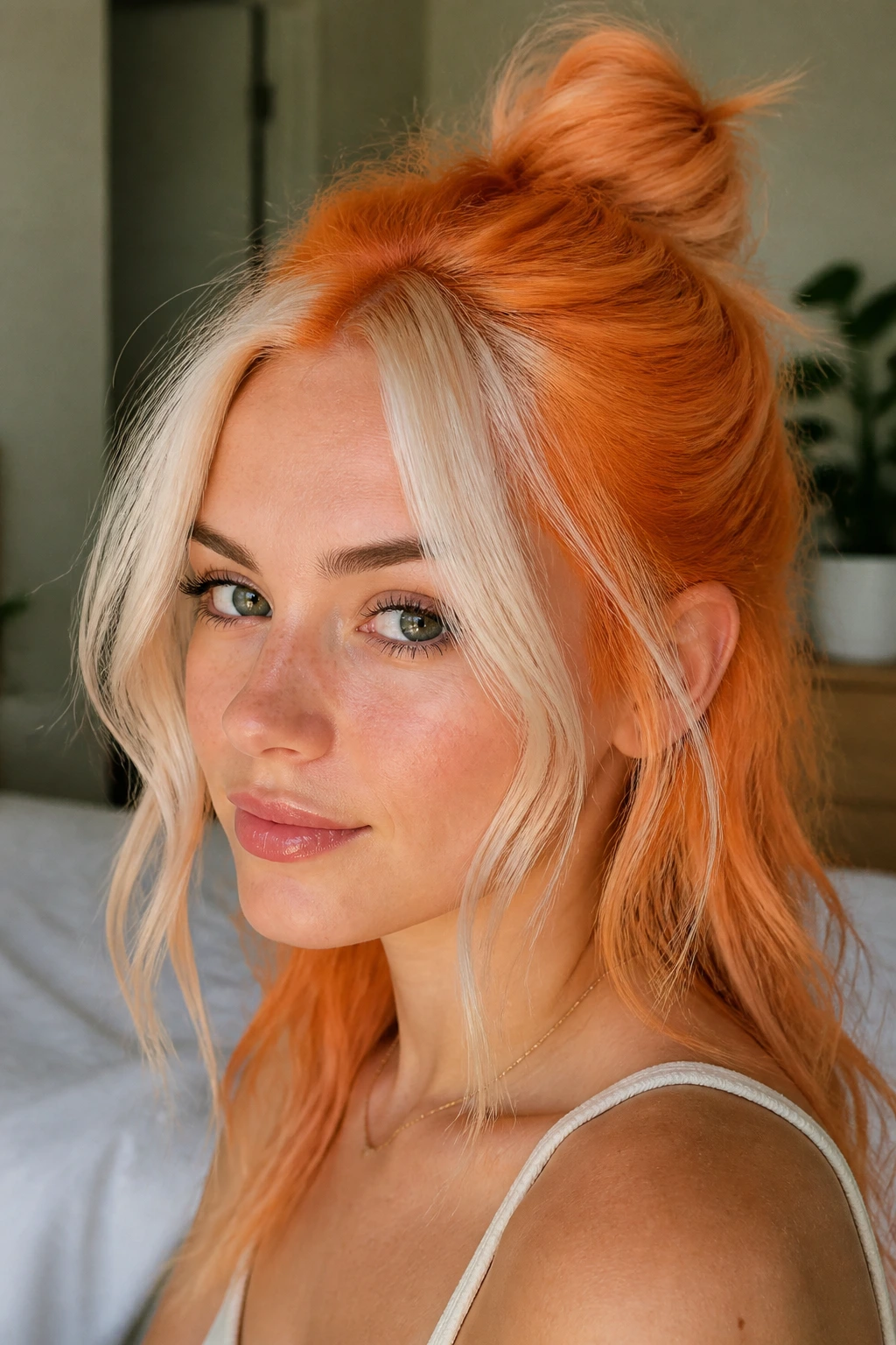 Portrait of a woman with a half-up bun and wispy tendrils around the face