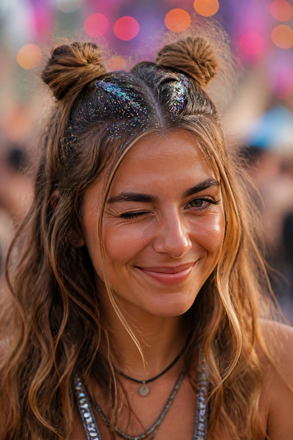 Close-up of a real person with two small top buns and glitter at the roots outdoors at a festival
