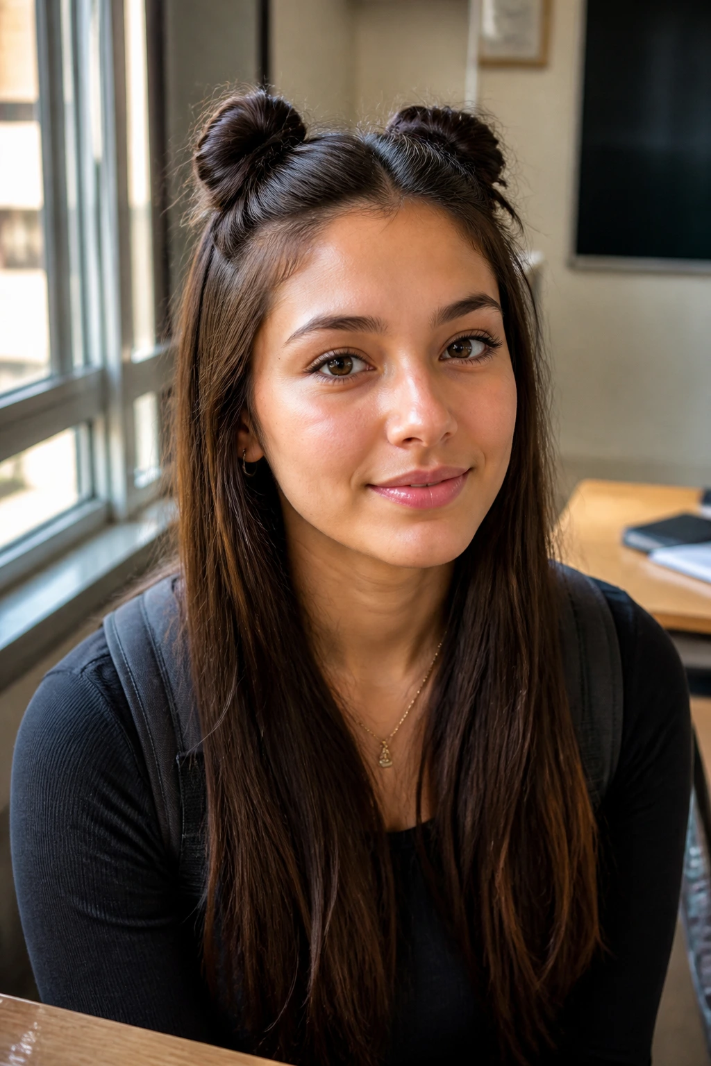 Close-up of half-up mini buns hairstyle on a real person