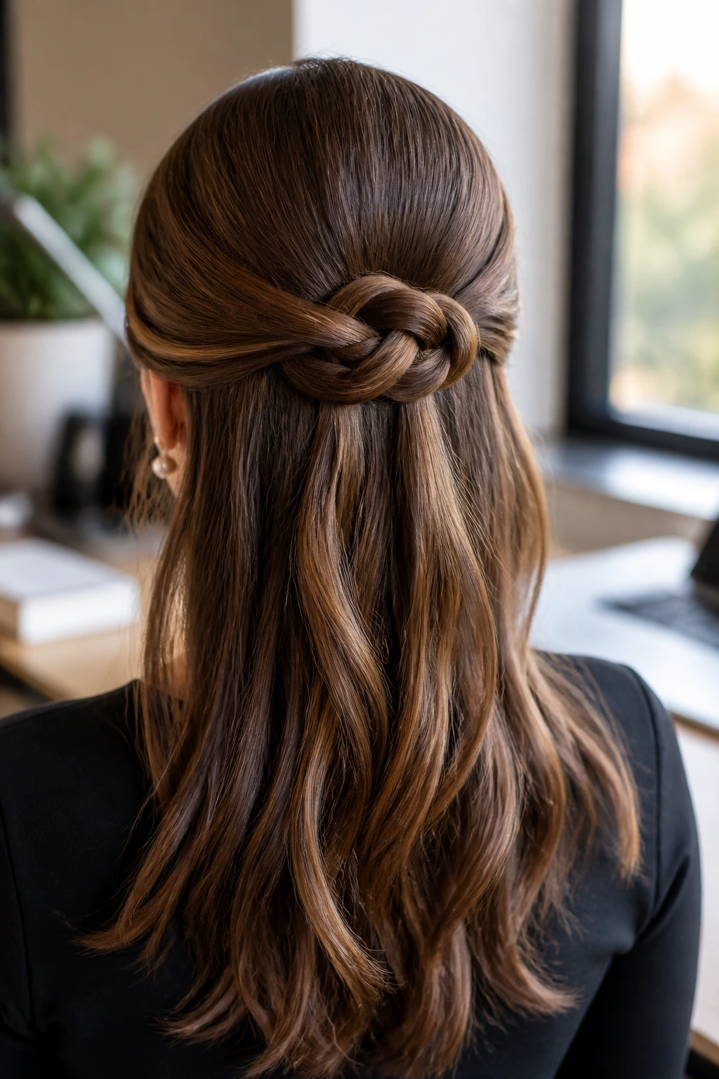 Back view of a real woman showing a half-up Celtic Knot Loop.