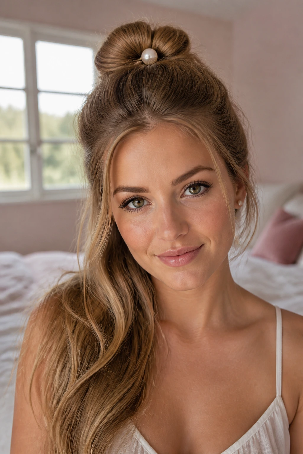 Close-up of a real woman with a half-up chignon and pearl pin in soft bedroom light