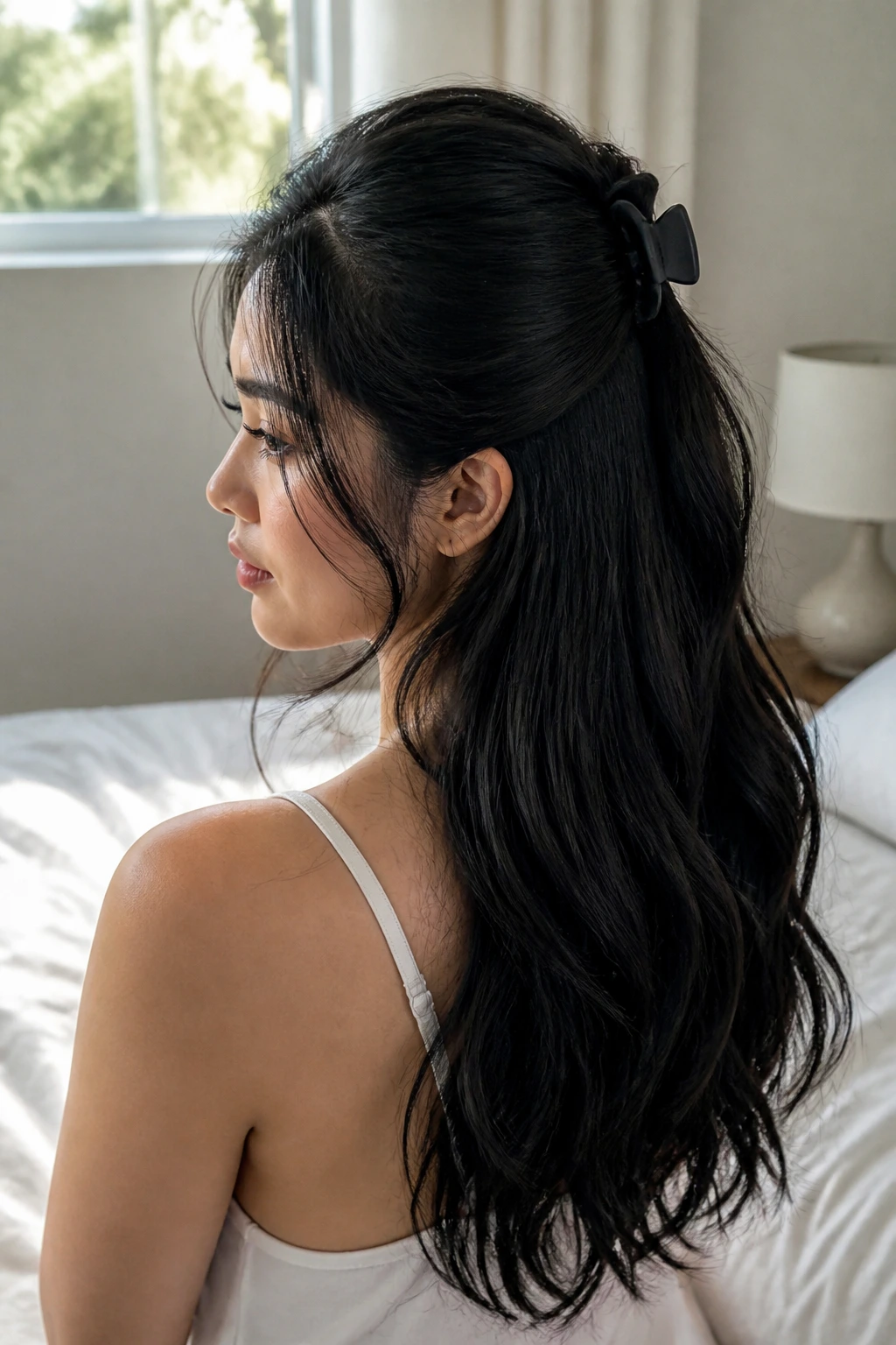 Profile of woman with half-up hairstyle secured by claw clip
