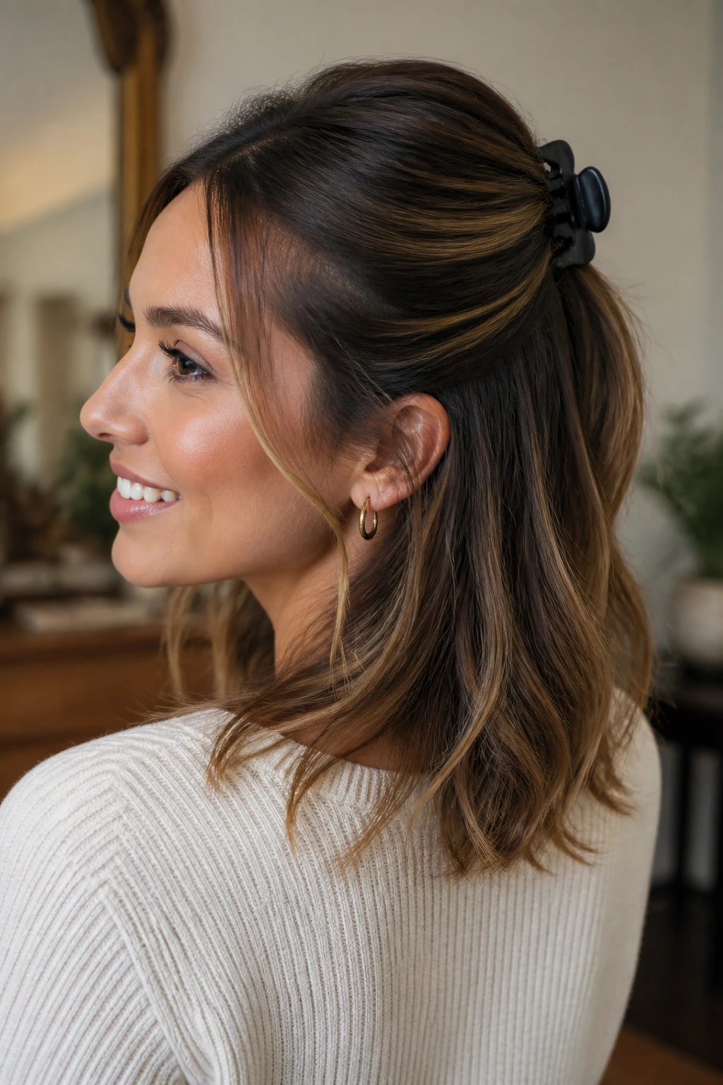 Close-up of a real woman with a half-up look secured by a claw clip