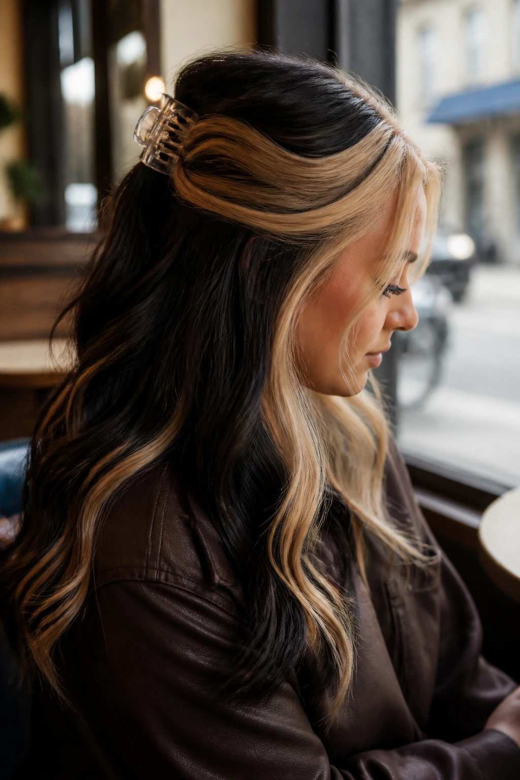 Portrait of a real woman with a half-up claw clip sweep showing split-dye colors