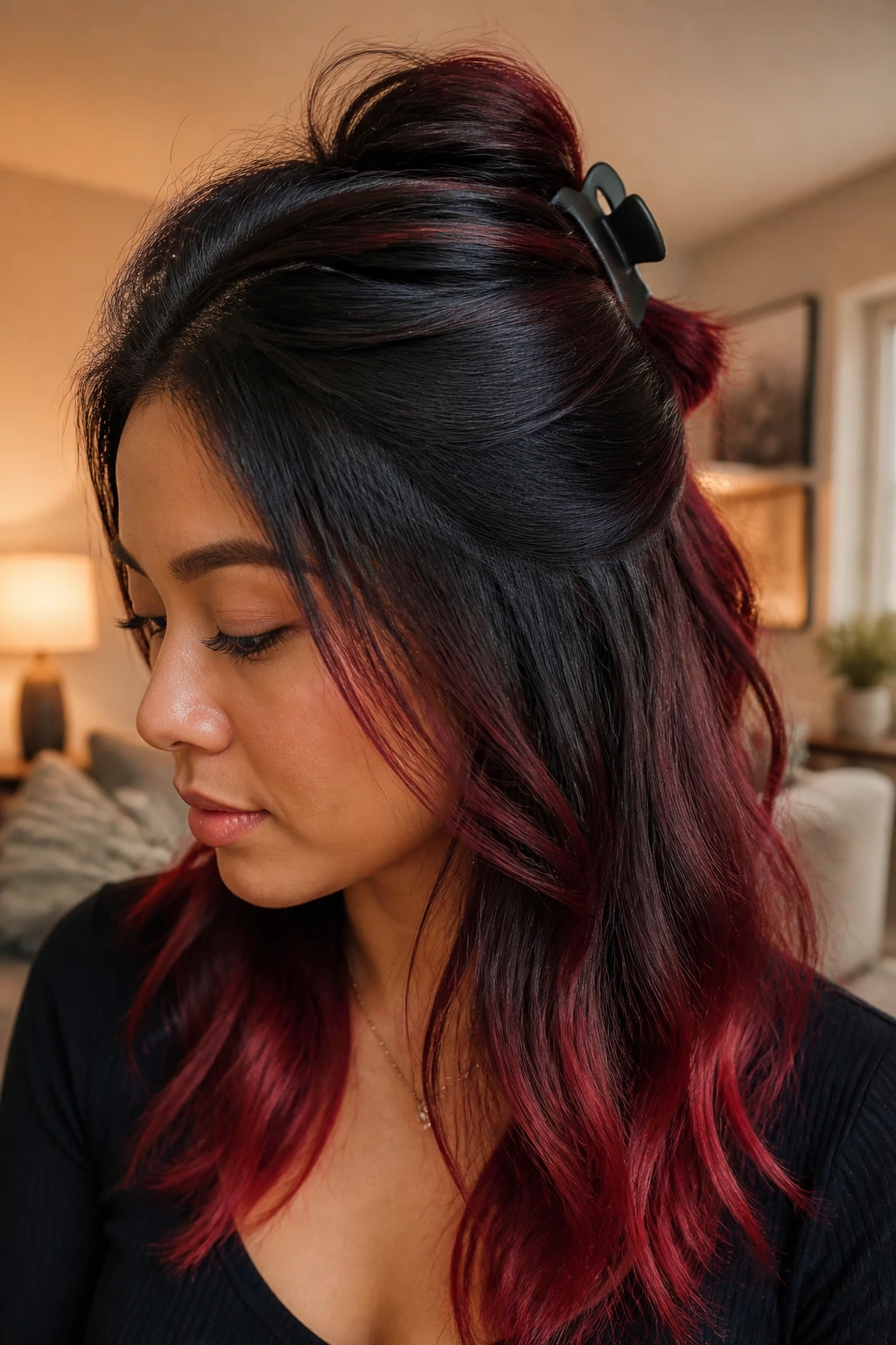 Close-up of a real woman with half-up hair secured by a claw clip and red tips