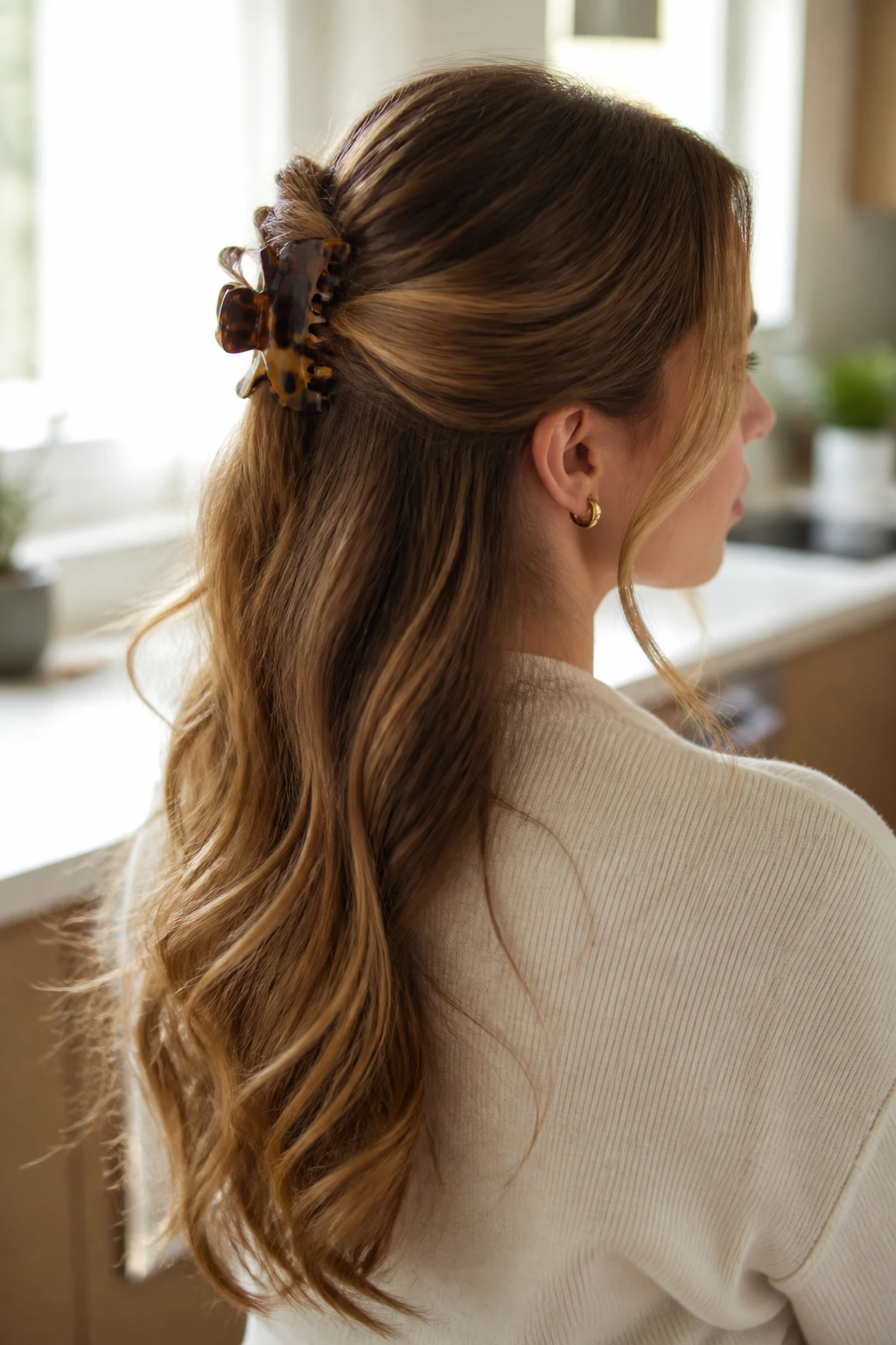 Three-quarter profile of a real person with half-up twist and claw clip