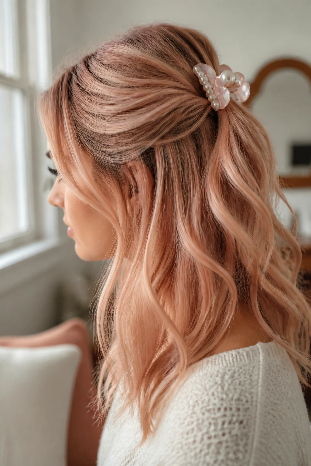 Portrait of a real woman with half-up hairstyle secured by a decorative clip in peach nude tones.