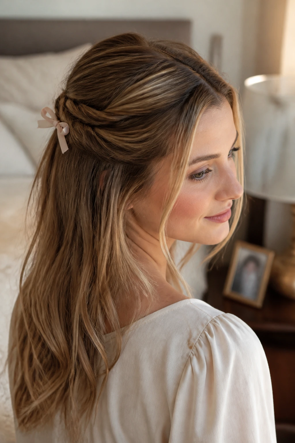 Close-up of real woman showing the half-up twisted crown with a tiny bow in natural bedroom light