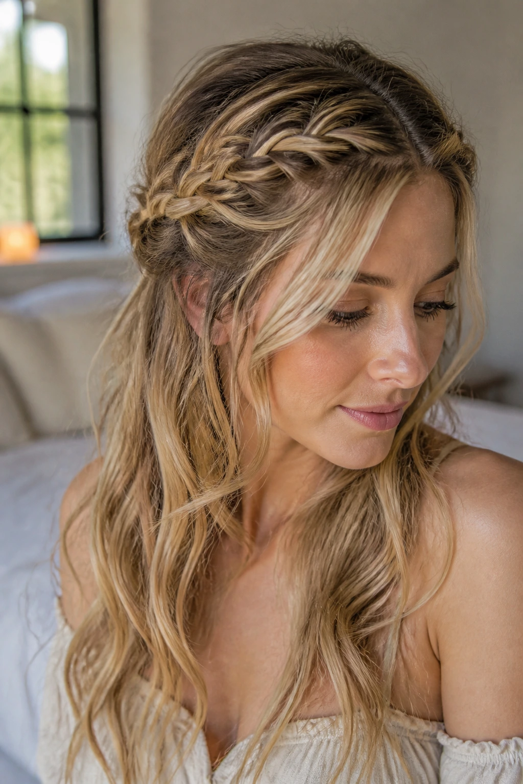 Close-up of a real woman with a messy half-up crown braid against loose waves
