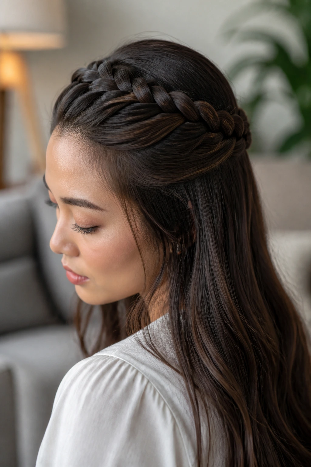 Three-quarter view of a woman wearing a half-up banana braid crown