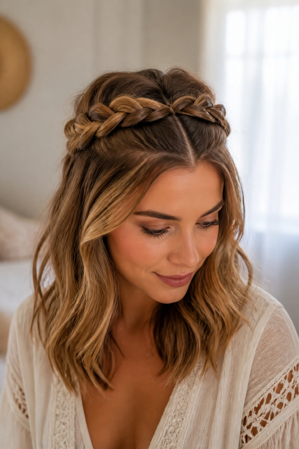 Close-up of a woman wearing a half-up crown braid with two Dutch braids forming a crown