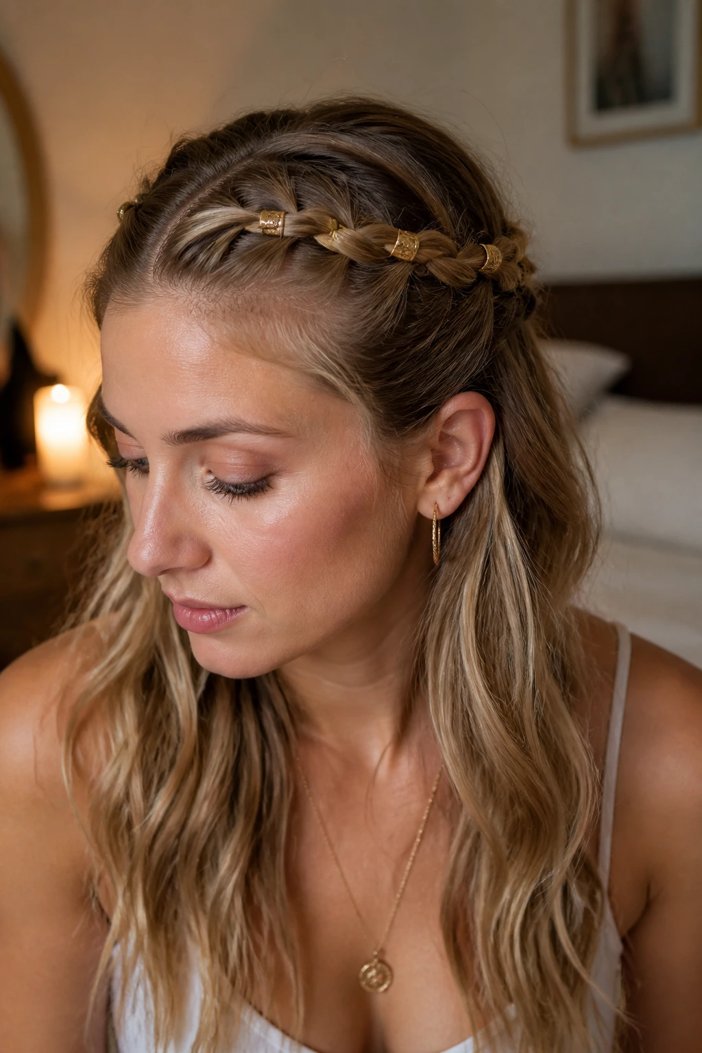 Portrait of a real person with two temple braids forming a crown and cuffs