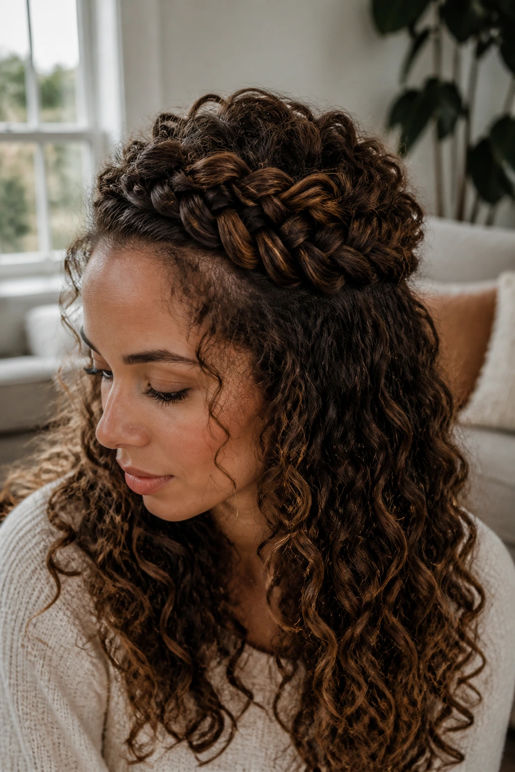 Close-up of a real woman with a half-up fishtail crown on curly hair