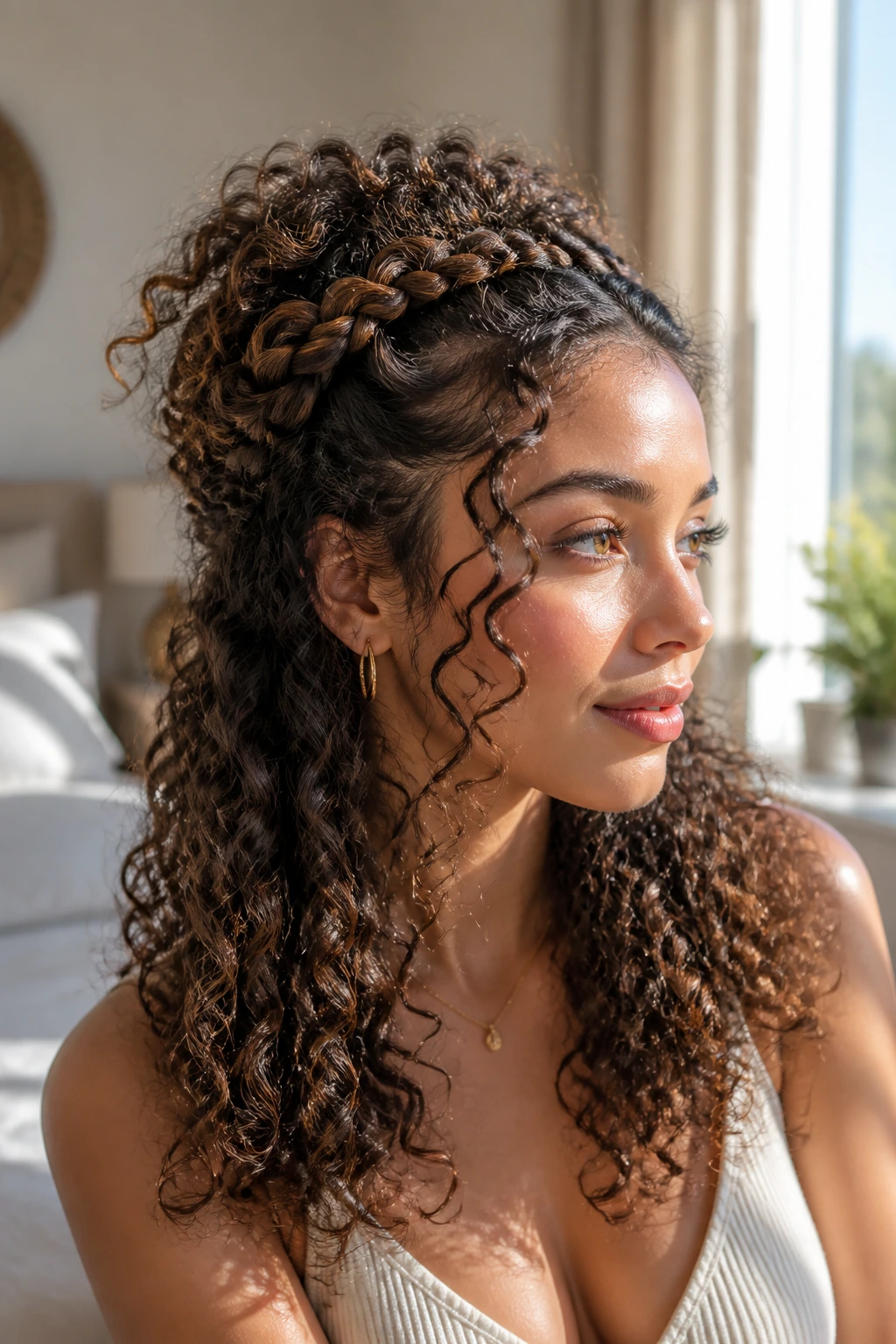 Close-up of a real woman wearing the half-up, half-down braided crown with loose curls.