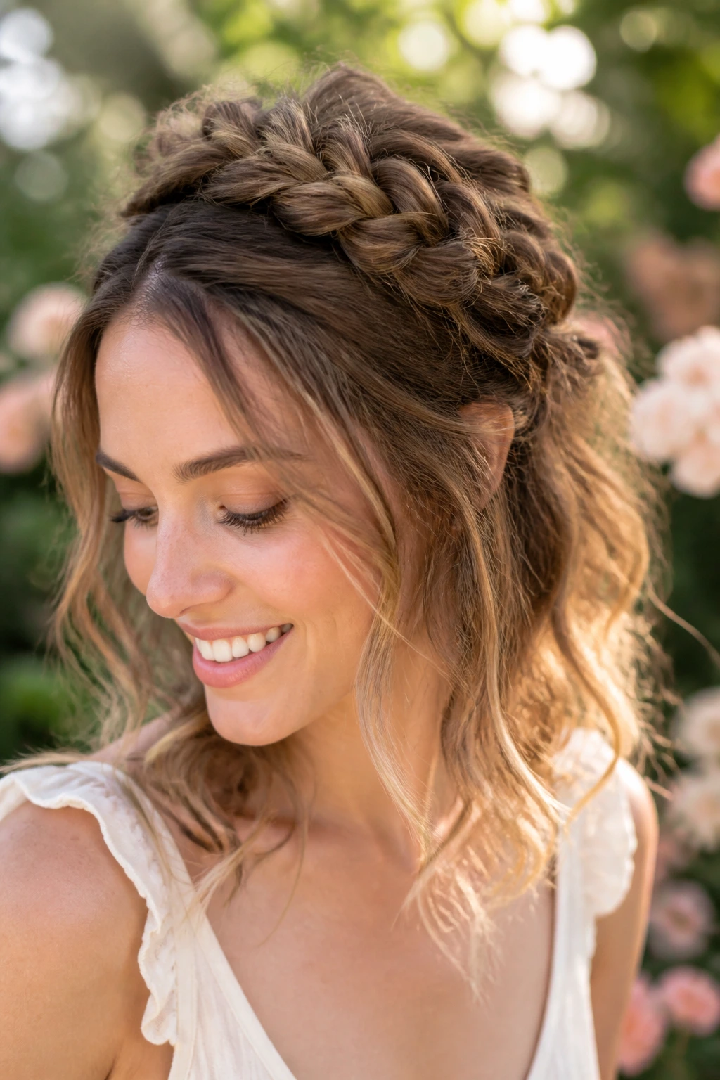 Woman wearing a half-up crown braid in a sunlit garden