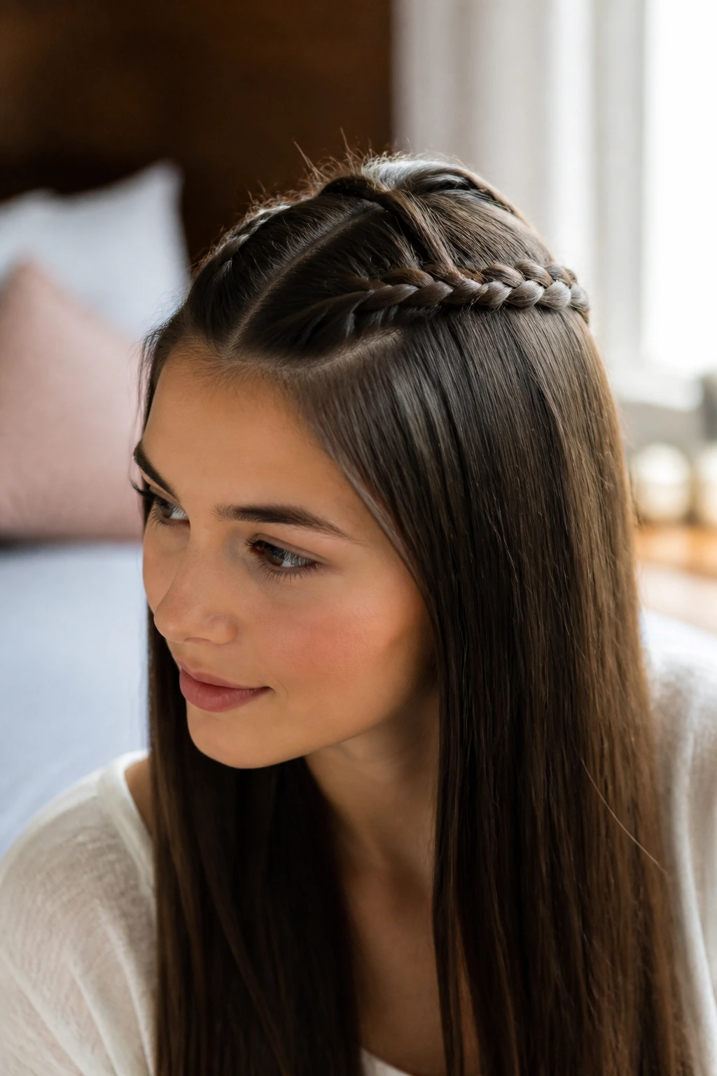 Close-up of a real woman with two small crown braids meeting at the center of the head in a softly lit bedroom.