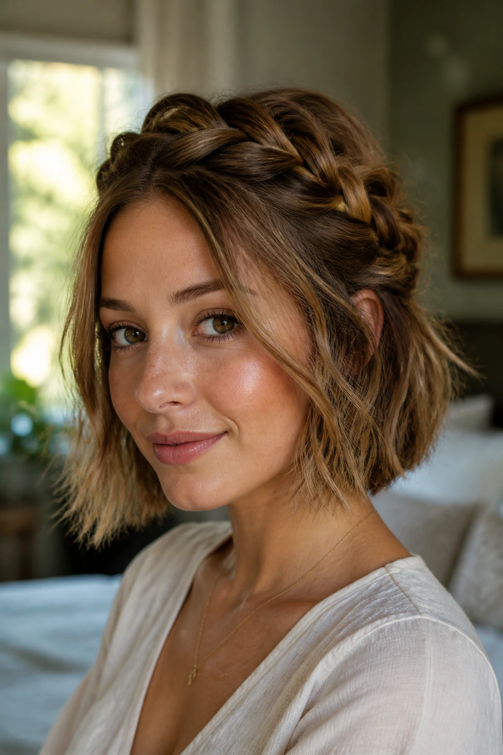 Close-up of a real woman with a messy half-up crown braid on a jaw-length bob, warm window light.