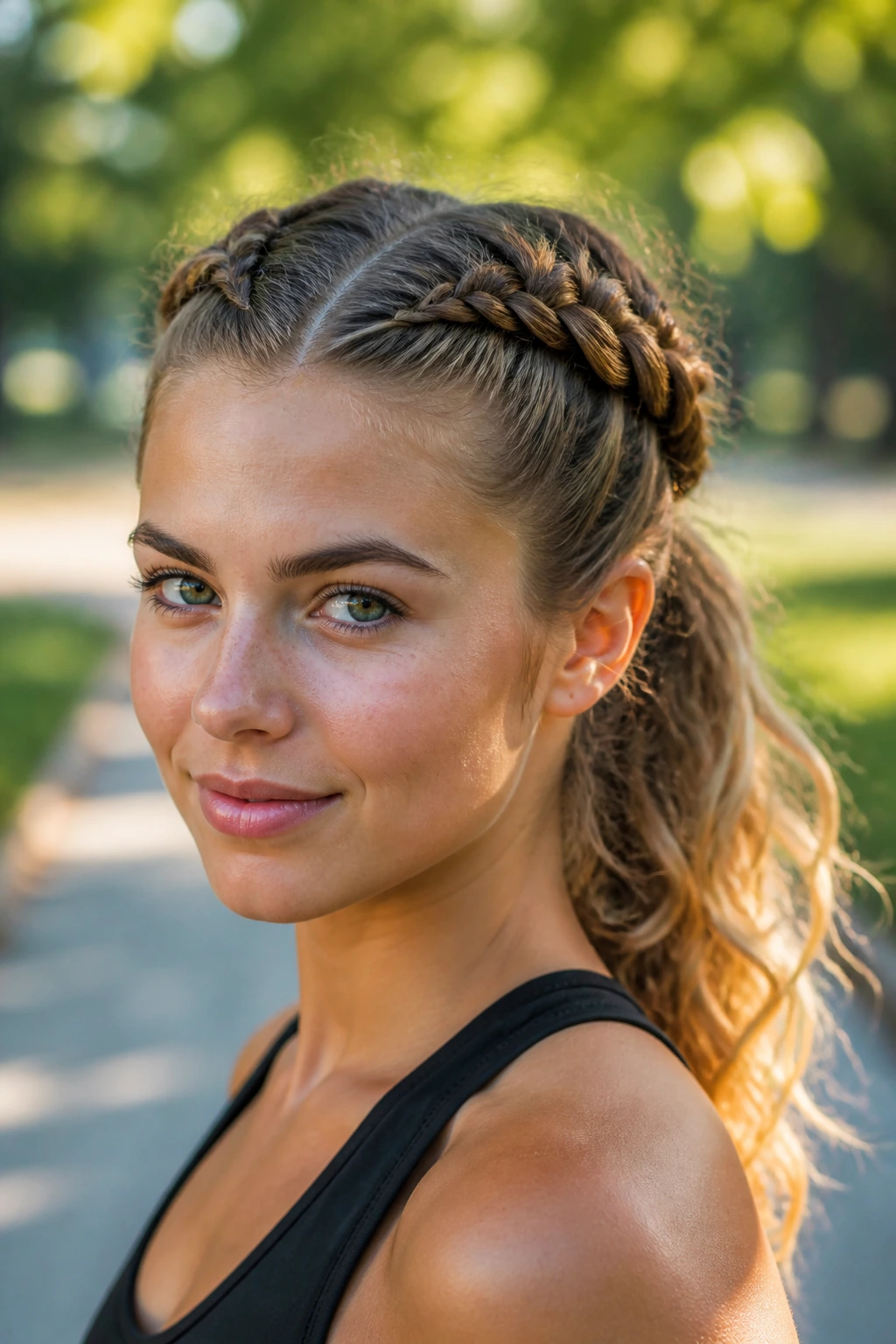 Real woman wearing two Dutch braids forming a crown across the top of her head