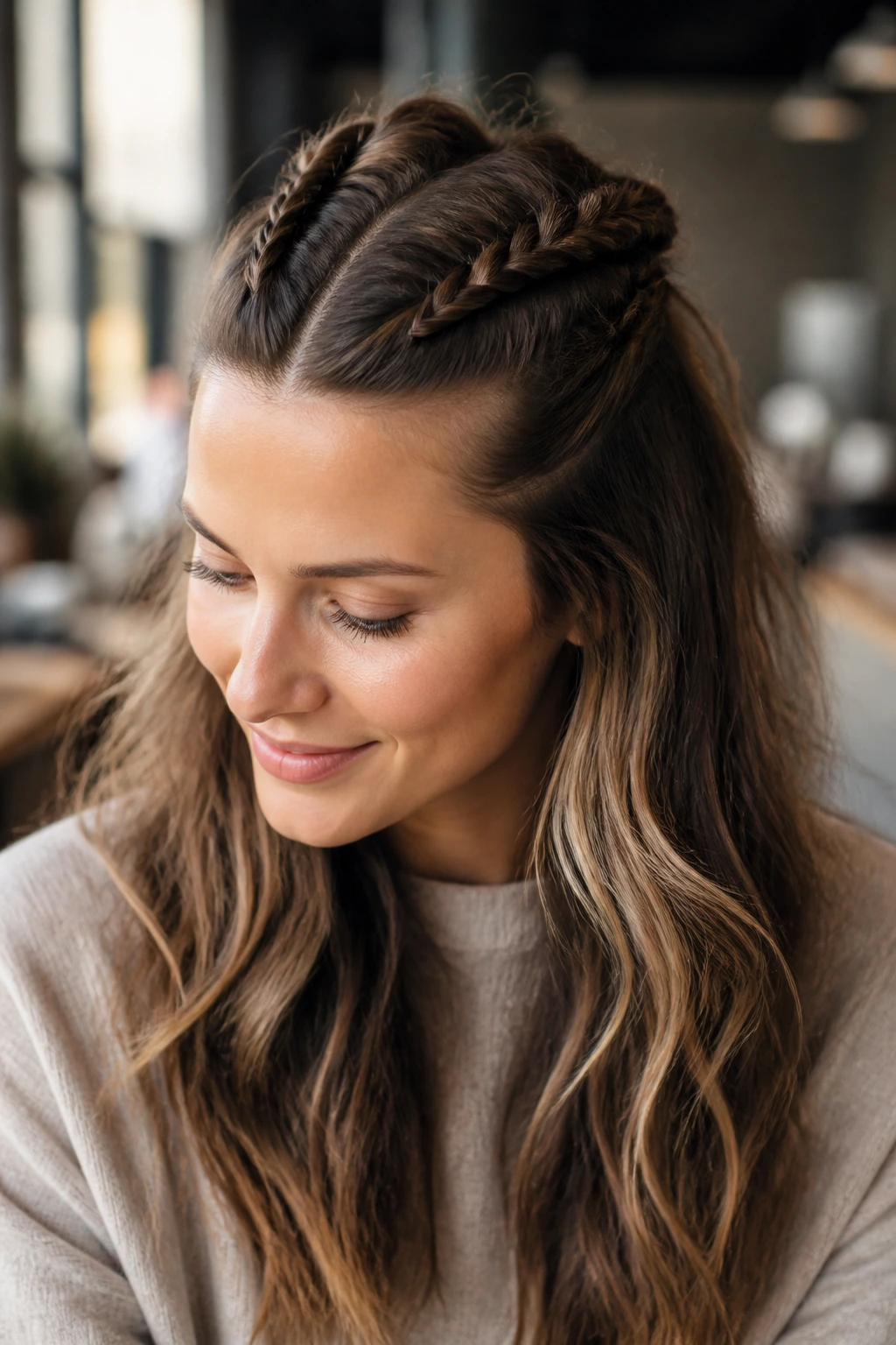 Close-up of a real person with two Dutch braids on the top half of the head and loose hair
