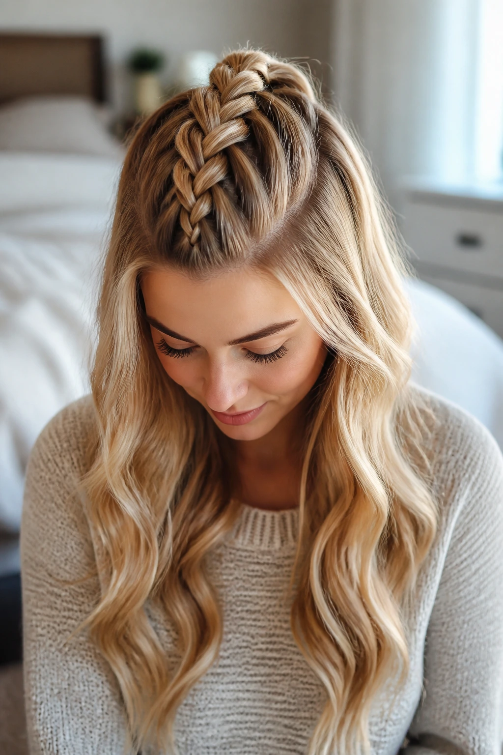 Close-up portrait of blonde hair with a half-up Dutch braid in a softly lit bedroom.