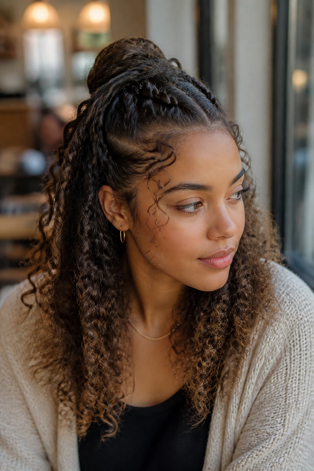 Real person with half-up Dutch braid and natural curls framing the face