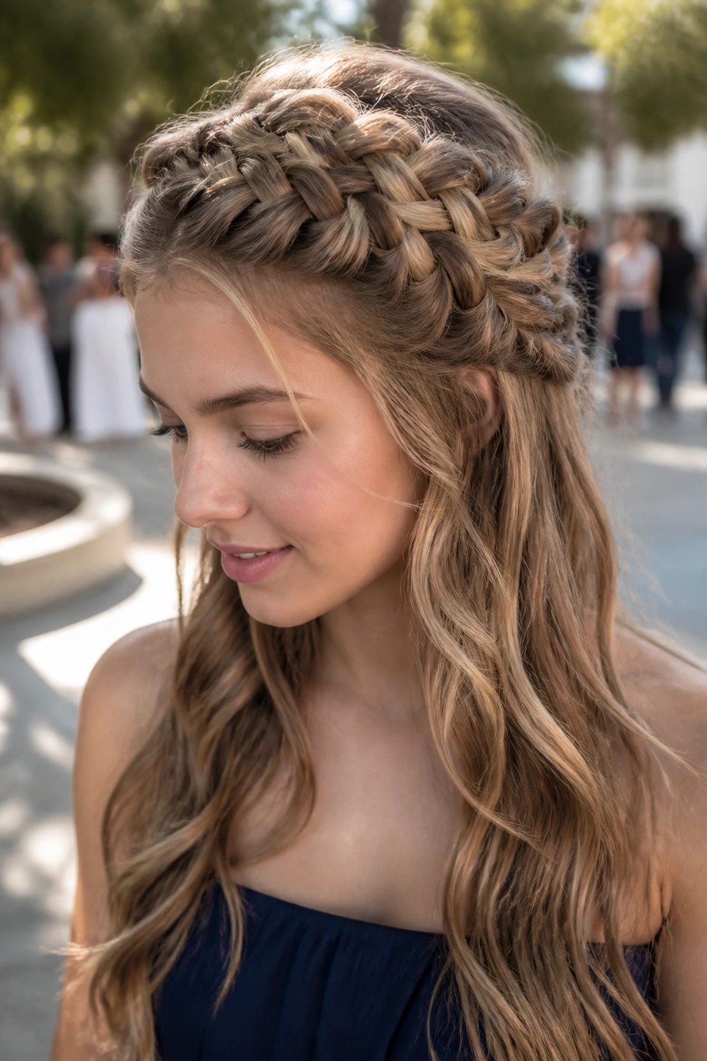 Close-up of a teen with a half-up Dutch crown braid in an outdoor courtyard