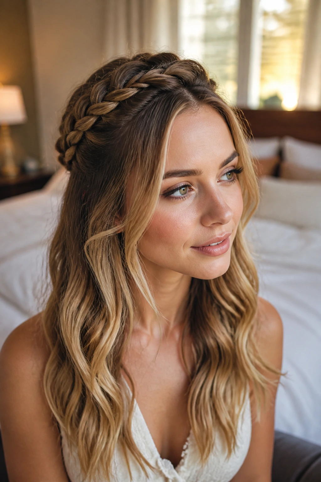 Close-up portrait of a real woman showcasing a half-up Dutch crown hairstyle