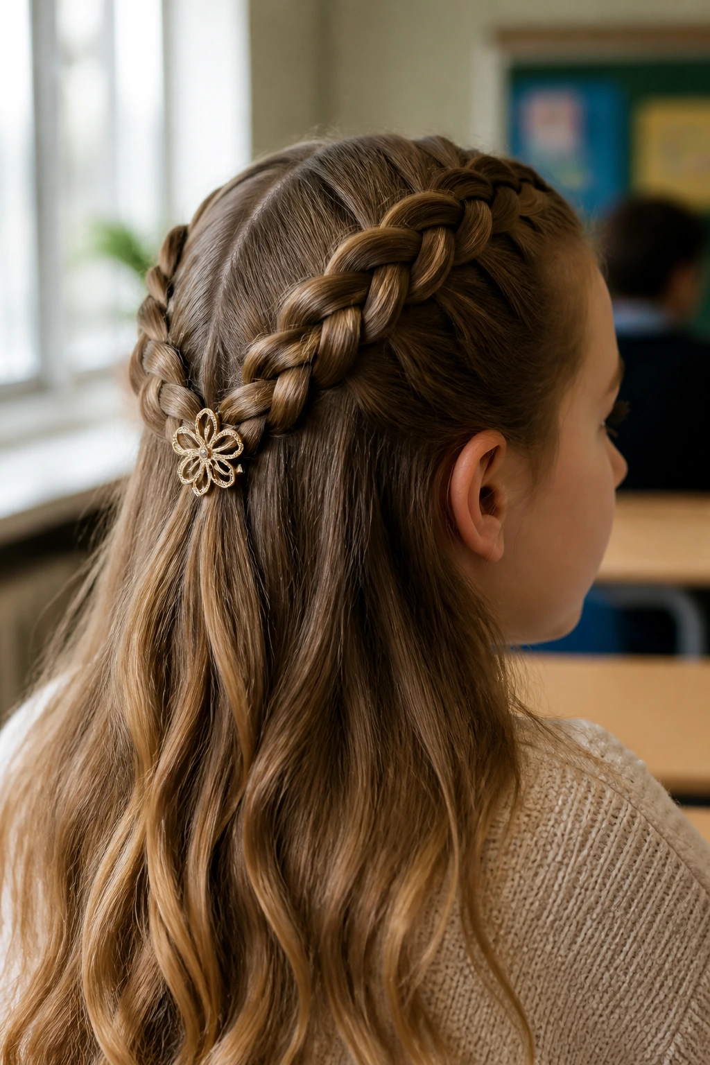 Close-up of The Half-Up Dutch Crown hairstyle on a real student in a classroom