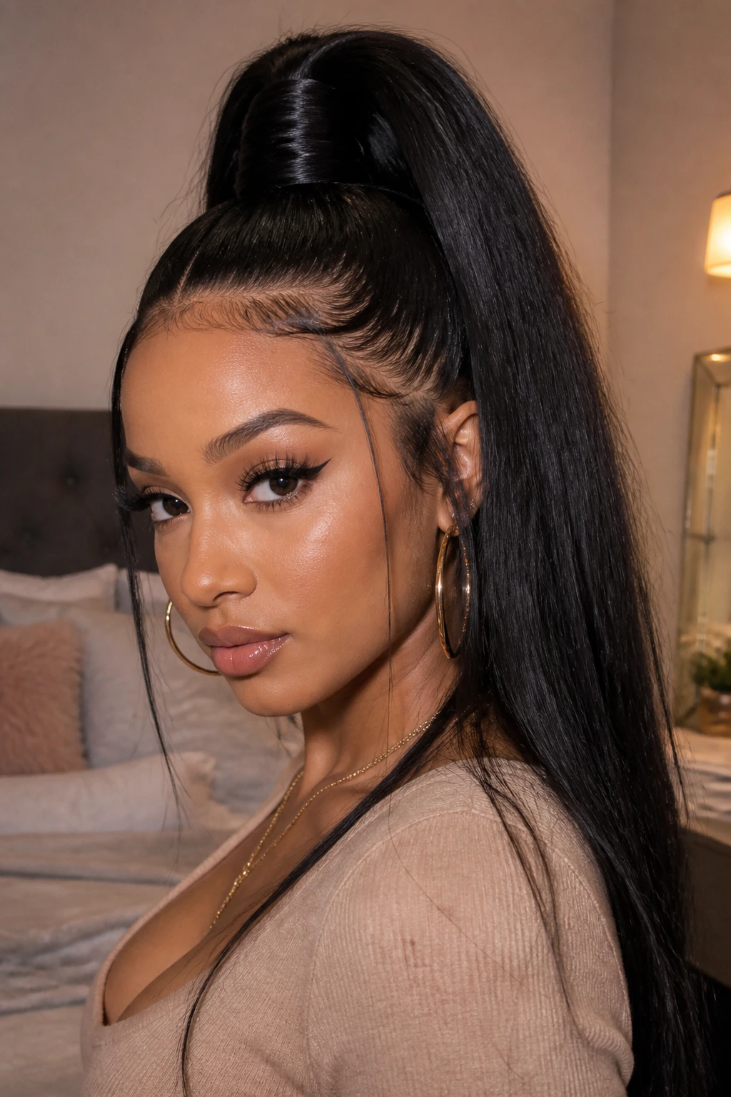 Close-up of a real woman with a dramatic half-up pony extension blending into natural hair