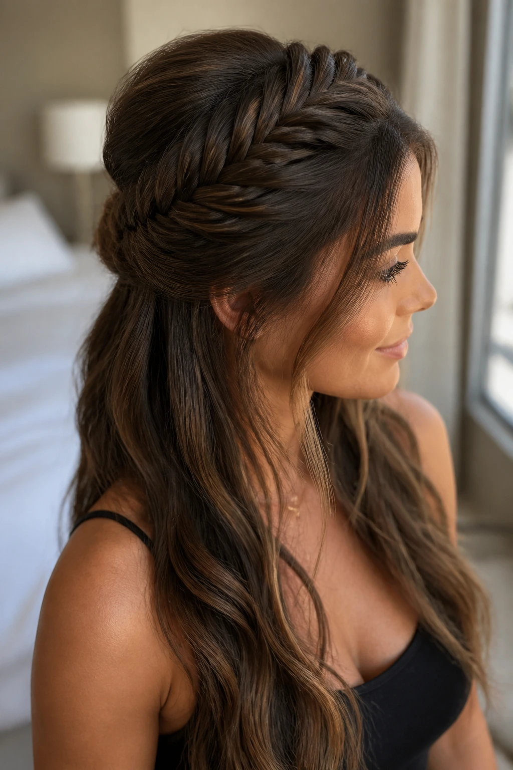 Close-up of a real woman with a half-up fishtail braid and loose waves