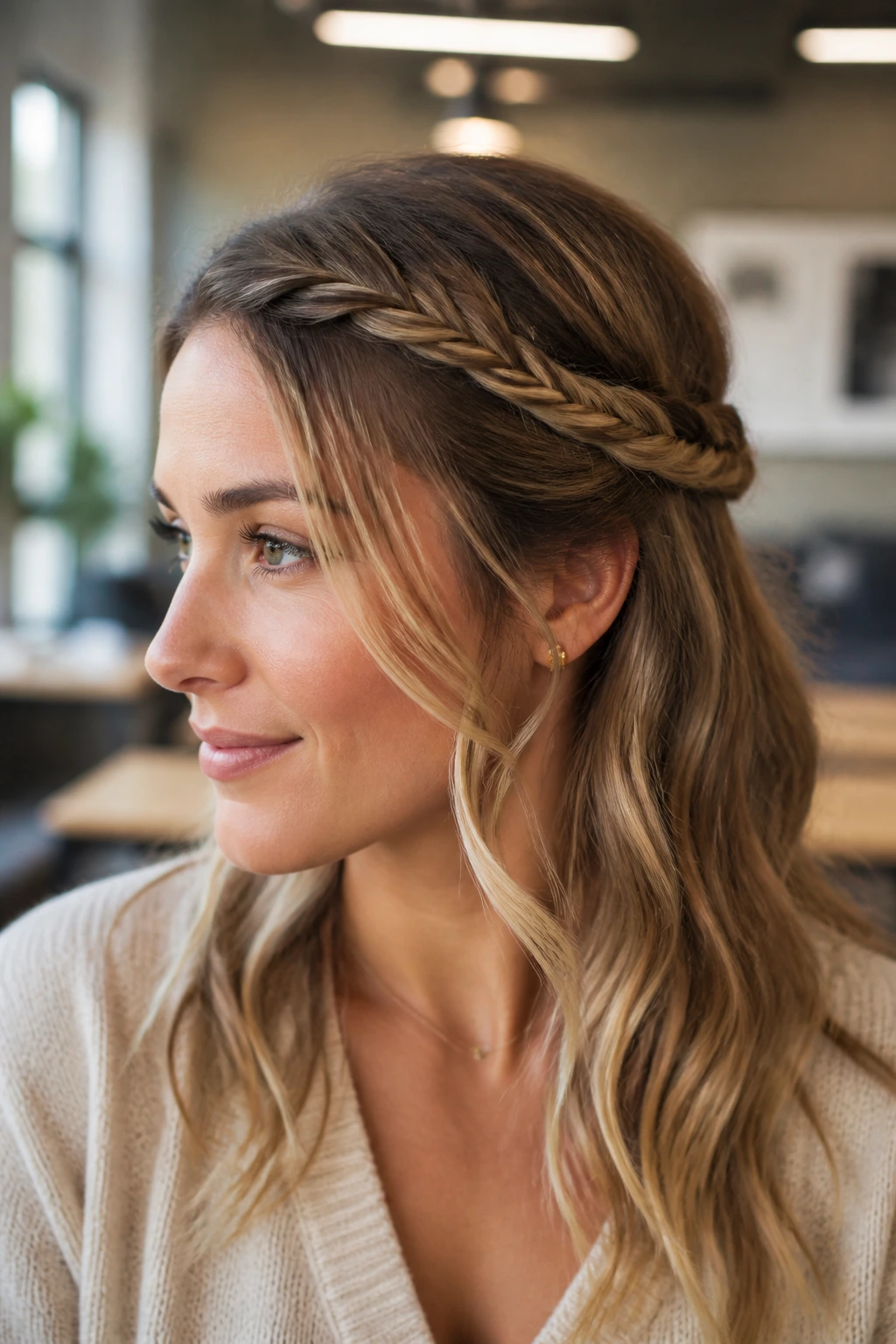 Close-up of real woman with half-up fishtail crown hairstyle in office setting