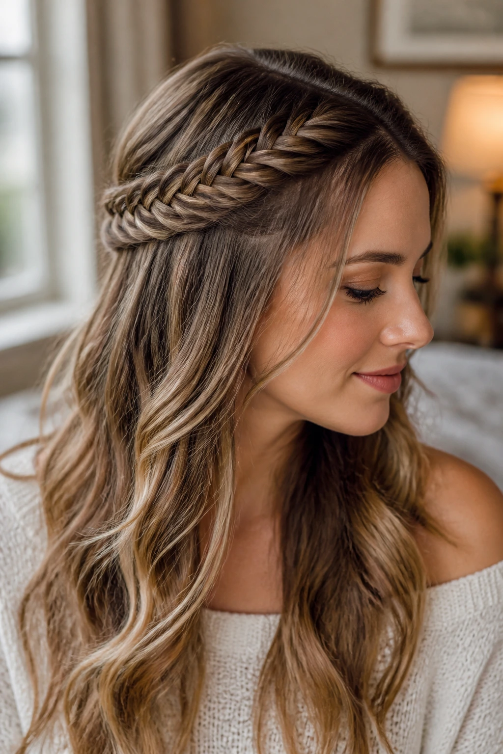 Woman with half-up fishtail crown hairstyle in natural light