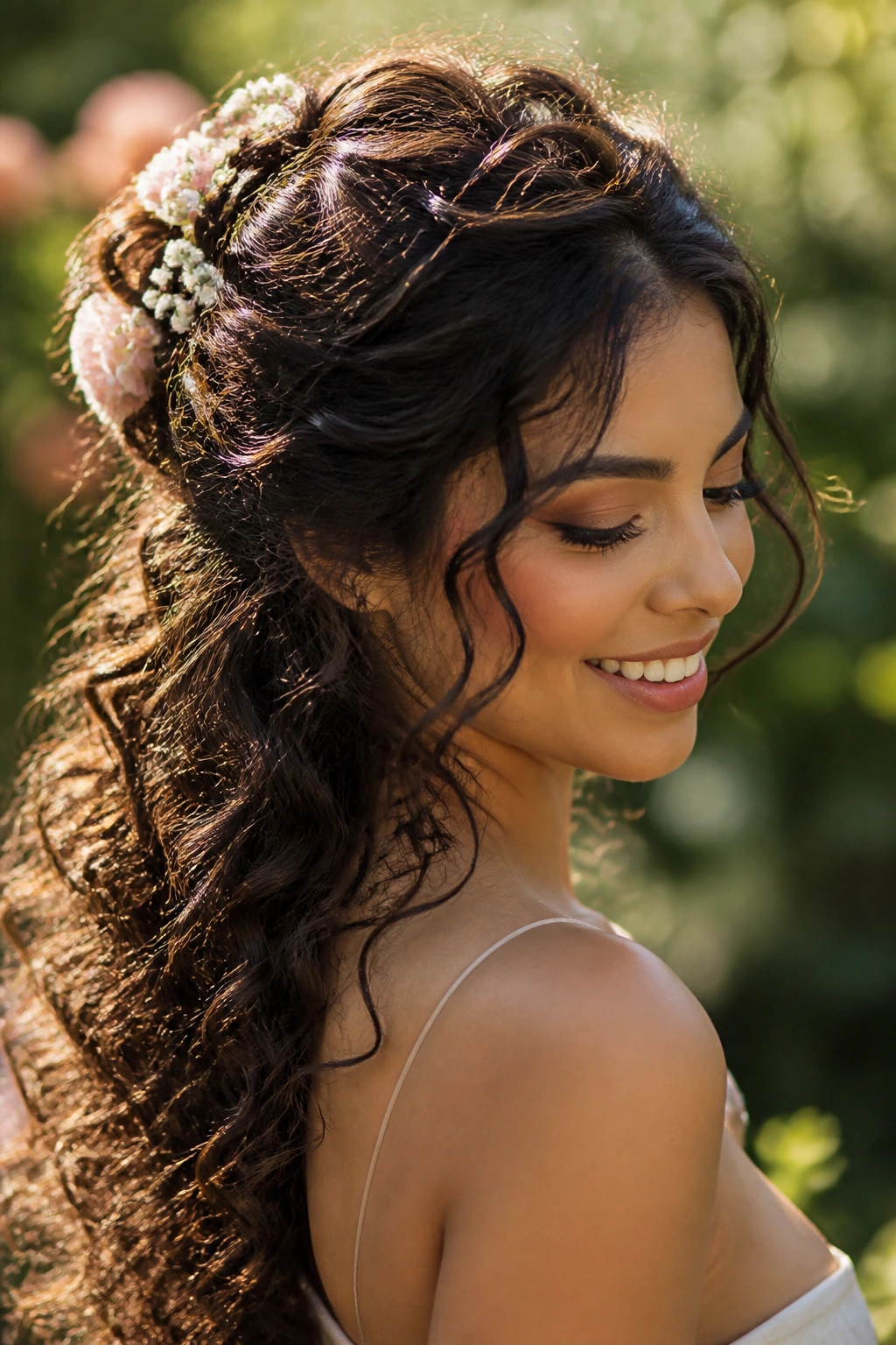 Close-up portrait of a real woman with a half-up hairstyle adorned with delicate flowers, outdoors in soft sunlight