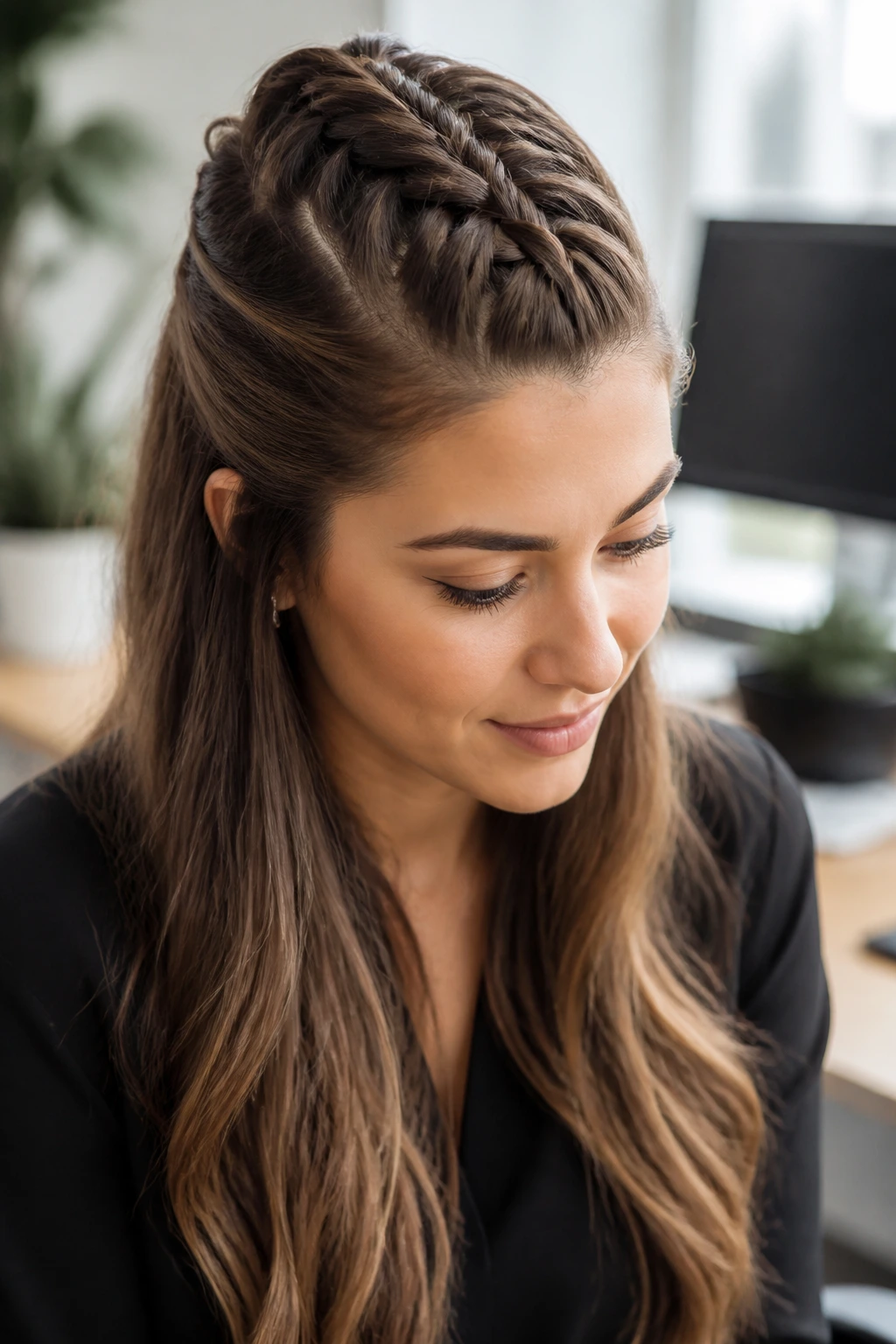 Close-up of a real woman with a half-up French braid and hair down in an office setting.