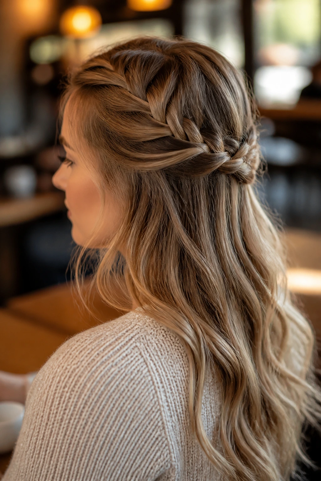 Close-up portrait of a real woman with a half-up French braid and loose waves