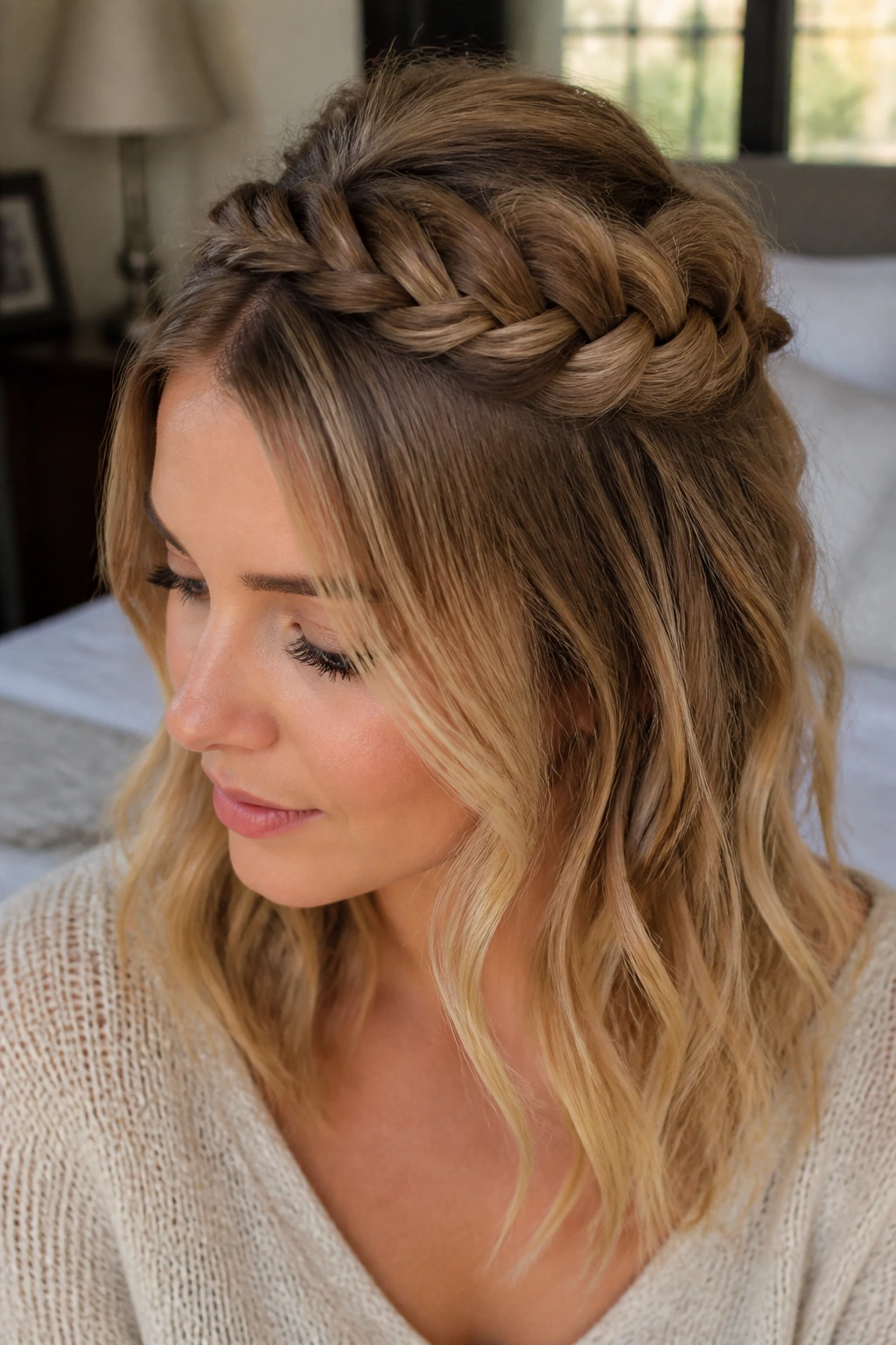 Half-up French braid crown on a real woman with loose hair.