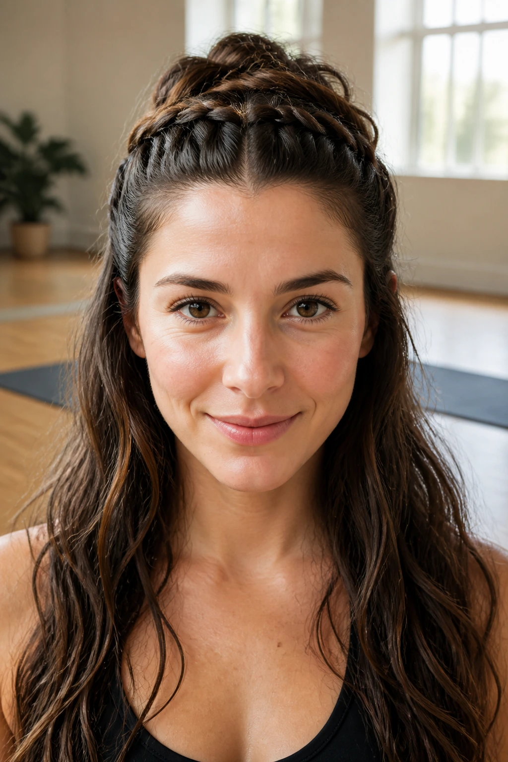 Front view of half-up French crown braid on real person